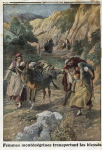 Erster Weltkrieg 1914-1918 (14-18): Frauen aus Montenegro tragen verwundete Männer im Krieg auf dem Rücken von Maultieren oder auf ihren eigenen Schultern. Gravur in „Le Petite Journal“, am 5.12.1915. Private Sammlung
