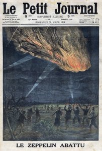 Erster Weltkrieg 1914-1918. Ein Zeppelin der deutschen Armee wurde von der französischen Armee in der Nähe von Sainte Menehould abgeschossen. In „Le Petite Journal“, am 12.03.1916. Private Sammlung