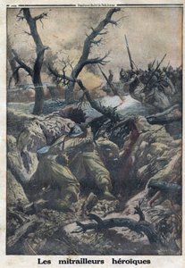 Erster Weltkrieg 1914-1918. Französische Maschinengewehrschützen schießen auf angreifende deutsche Soldaten. In „Le Petit Journal“, am 09.04.1916. Private Sammlung