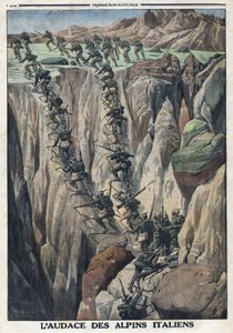 Erster Weltkrieg 1914-1918. Italienische Soldaten erklimmen den Gipfel des Cauriol in den Fiemme Alpen in Italien. In „Le Petite Journal“, am 8. Oktober von Anonymous Anonymous