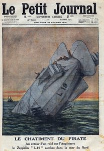 Erster Weltkrieg 1914-1918. Bei der Rückkehr eines Angriffs auf England scheiterte der Zeppelin L-19 der deutschen Luftwaffe in der Nordsee. In „Le Petite Journal“, am 27.02.1916. Private Sammlung