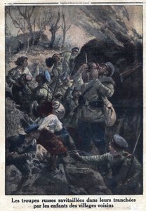 Erster Weltkrieg 1914-1918 (Krieg 14-18). Russische Militärtruppen werden in ihren Schützengräben von Kindern aus benachbarten Dörfern versorgt. In „Le Petite Journal“, am 02.04.1916. Private Sammlung von Anonymous Anonymous