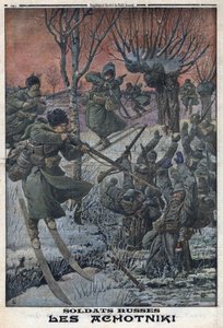 Erster Weltkrieg 1914-1918. Russische Soldaten Ahotniki auf Skiern schießen auf deutsche Soldaten. In 