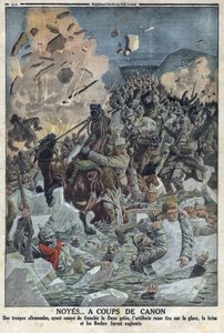 Erster Weltkrieg 1914-1918 (Krieg 14-18). Die deutsche Armee versucht, den Fluss Duna zu überqueren, aber die russische Artillerie schießt mit einer Kanone auf das Eis und ertränkt die deutsche Armee (im Text Boche genannt) In „The Petity Journal“ von Anonymous Anonymous