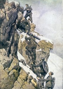 Erster Weltkrieg: Italienische Alpenjäger tragen Material auf einen Gipfel der italienischen Alpen