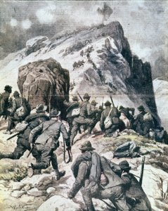 Erster Weltkrieg: „Italienische Alpenjäger (Alpini) klettern auf den Gipfel des Cauriol, Italienische Alpen“ 1916. Illustration aus „La domenica del corriere“ von Anonymous Anonymous