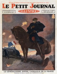 Erster Weltkrieg: Porträt von General Joseph Joffre (1852-1931) zu Pferd, dargestellt als Sieger auf dem Schlachtfeld von La Marne (September 1914). Illustration nach einem Gemälde von Constantine Font. Gravur aus "Le petit journal illustré" von 1931. von Anonymous Anonymous