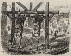 Sträflingszimmerleute im Toulon-Bagne im 19. Jahrhundert. Gravur in „Histoire des bagnes depuis leur création à nos jours“ (1877) von Pierre Zaccone (1817-1895). Private Sammlung.