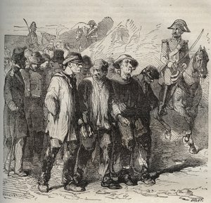 Sträflinge im Marsch im Bagne de Rochefort im 19. Jahrhundert. Gravur in „Histoire des bagnes depuis leur création à nos jours“ (1877) von Pierre Zaccone. Private Sammlung.