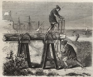 Sträflinge im Saint-Laurent-Penitentiär in Cayenne (Französisch-Guayana) im 19. Jahrhundert. Gravur in „Histoire des bagnes depuis leur création à nos jours“ (1877) von Pierre Zaccone (1817-1895). Private Sammlung.