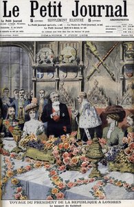 Der französische Präsident Armand Fallières (1841-1931), in London vom Lord Mayor empfangen, bei einem Bankett in der Guildhall. Le petit Journal, Juni 1908 (Gravur)