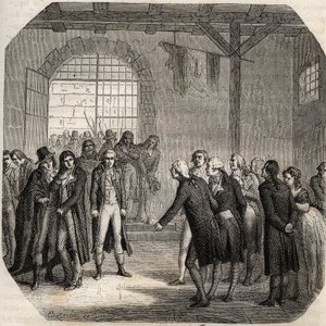 Französische Revolution - Die Hébertisten - Les Hébertistes à la Conciergerie in Paris am 23. März 1794 - Gravur in „Histoire des Girondins“ von Alphonse de Lamartine (1790-1869) 1865-1866 - Private Sammlung