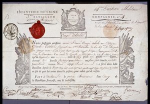 Französische Revolution: offizielles Dokument eines militärischen Urlaubs datiert 15. Brumaire Jahr V (05.11.1796) eines Sergeanten aus dem Bezirk Coutances. Departementalarchive von Nord Lille