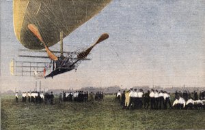 Von Compiegne nach London mit dem Luftschiff: die Landung von Bayard-Clement (Bayard Clement) in Wormwood Scrubbs. Gravur. Eine der Zeitungen „Le petit parisien“ vom 30.10.1910. Private Sammlung. von Anonymous Anonymous