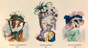 Von links nach rechts: Hut à la marinière 1787; Große Frisur 1785 und Hut Bonnette 1786 von Anonymous Anonymous