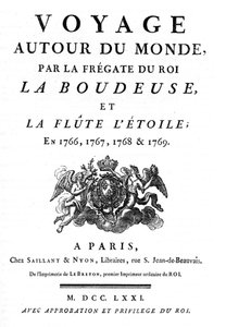 Frontispiz von 1771 des Buches „Reise um die Welt mit der Fregatte des Königs La Boudeuse und der Flöte L