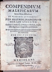Frontispiz des Compendium maleficarum von Guazzo über Dämonologie und Hexerei (Gravur)