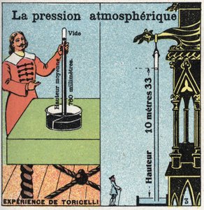 Gasdruck: Atmosphärendruck. Links das Experiment von Evangelista Torricelli (oder Toricelli) zum Atmosphärendruck, gemessen mit seinem Barometer (Quecksilberrohr) im Jahr 1643. Rechts das Experiment von Blaise Pascal (1623-1662) auf dem Puy de Dôme. Anonym