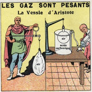 Gasdruck: Die Gase sind schwer. Experiment mit der Blase von Aristoteles (384-322 v. Chr.) über die Schwerkraft der Luft. Er bläst eine Blase mit Luft auf und stellt fest, dass die aufgeblasene Blase mehr wiegt als eine leere Blase. Anonyme Illustration vo