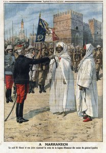 General Hubert Lyautey (1854-1934) überreicht das Kreuz der Ehrenlegion an den Kaid (Pascha) Thami El-Glaoui (1879-1956) und seinen Bruder in Marrakesch, Marokko. Illustration aus „The Petit Journal“ vom 25. April 1925