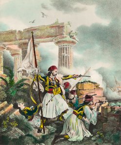 Griechischer Unabhängigkeitskrieg gegen das Osmanische Reich: Die Fahne wird in Salona gehisst (1821). Lithografie des 19. Jahrhunderts von Anonymous Anonymous