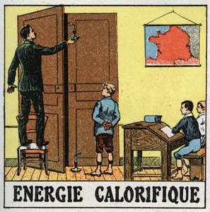 Wärmeenergie: Ein Lehrer hält in einem Klassenzimmer eine Kerze nahe einer offenen Tür. Anonyme Illustration von 1925. Private Sammlung. von Anonymous Anonymous