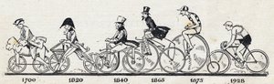Geschichte des Fahrrads: verschiedene Modelle von 1700 bis 1928. Gravur in „Le petit journal illustrious“