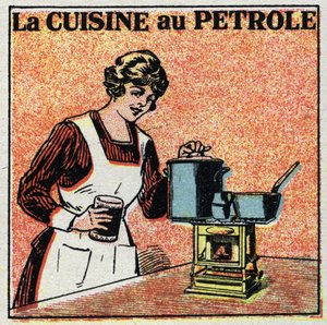 Heizung zu Hause: die Küche mit Öl. Anonyme Illustration von 1925. Private Sammlung.
