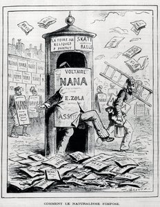 Wie der Naturalismus auferlegt wird: satirische Zeichnung über den naturalistischen Roman über das Buch „Nana“ von Emile Zola. Gravur des 19. Jahrhunderts. Private Sammlung. von Anonymous Anonymous