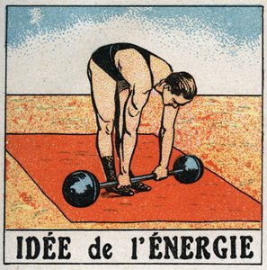Idee der Energie: Athlet hebt ein Gewicht. Anonyme Illustration von 1925. Private Sammlung.