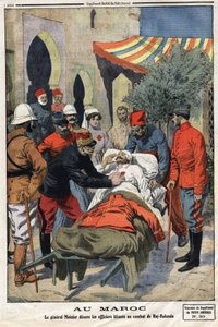 In Marokko dekoriert General Moinier die im Kampf von Haj Rakoula verwundeten Offiziere mit dem Kreuz der Ehrenlegion. Gravur in „Le Petite Journal“ am 21.07.1912. Private Sammlung.