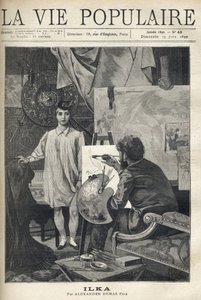 In einer Werkstatt, ein junges Modell in Hemd und Strümpfen mit einem kleinen Federhut, posiert für einen Maler, der an seiner Staffelei sitzt, seine Palette und Pinsel hält und sich auf seine Skizze konzentriert. Illustration von Alfons Maria Mucha (Alpho