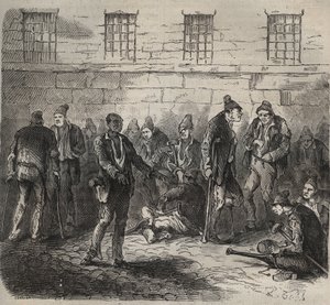 Schwache Kräfte im Toulon Bagne im 19. Jahrhundert. Gravur in „Histoire des bagnes depuis leur création à nos jours“ (1877) von Pierre Zaccone. Private Sammlung.