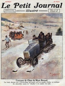 Innovation bei Autos in den Bergen, Ketten werden auf die Räder gelegt, um ein Abrutschen zu verhindern. Illustration aus „Le petit journal“ vom 27.02.1921. Private Sammlung
