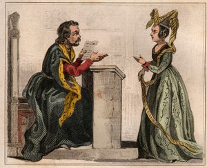 Jehan Pastoret (1328-1405), Präsident des Pariser Parlaments unter der Herrschaft von Karl V. mit einer adligen Frau, die einen Liripion trägt. Gravur von 1859 in „Le Monde. Geschichte aller Völker von den frühesten Zeiten bis zur Gegenwart“ von M. E. de L von Anonymous Anonymous