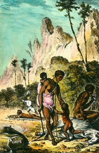 Reise zur Ile de France (heutiges Mauritius): die Arbeit der Sklaven. Ein weißer Ausbeuter peitscht einen am Boden liegenden Sklaven. Eine Frau trägt eine Halskette mit ihrem Fuß. Gravur aus dem 18. Jahrhundert. Private Sammlung.