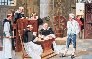 Urteil am Hof von Ginebra des spanischen Theologen Miguel Serveto, der 1553 wegen Ketzerei auf dem Scheiterhaufen verbrannt wurde von Anonymous Anonymous
