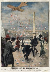 Jules Charles Toussaint Vedrines (1881-1919) verstößt gegen das Gesetz: Von seinem Monoplan wirft er Flugblätter mit der Aufschrift „Gebt Frankreich Flugzeuge“ über den Place de la Concorde in Paris. Gravur in „Le Petite Journal“, am 4.02.19 von Anonymous Anonymous