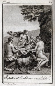 Jupiterkind wird von der Ziege Amalthea gefüttert. Gravur aus 1819 in „Lettres à Emilie sur la mythologie“ von Charles Albert Demoustier (1760-1801). Private Sammlung