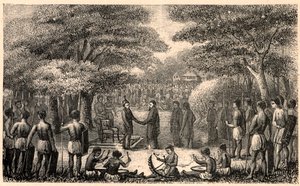 König Lebuschi begrüßt Henri Depelchin (1822-1900), Jesuitenmissionar und erster Superior der Oberen Zambeze-Mission in Afrika. Gravur in „Les Missions Catholiques au XIXème Siècle“ von Louis-Eugène Louvet. Private Sammlung. von Anonymous Anonymous