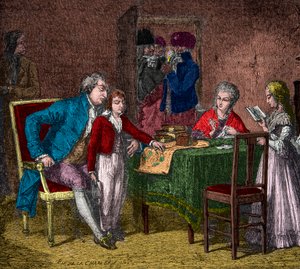 König Ludwig XVI. und die königliche Familie im Tempel unter der Aufsicht der Revolutionäre, Gravur, private Sammlung