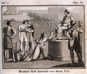 LUCIUS JUNIUS BRUTUS verurteilt seine eigenen Söhne zum Tode, weil sie planten, die Tarquinier, die vertriebenen Könige von Rom, wieder einzusetzen, 509 v. Chr. - Gravur aus „Der Rollin der Jugend oder Ausgewählte Stücke aus antiken und römischen Geschicht von Anonymous Anonymous