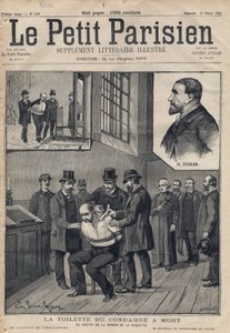 La Toilette des Verurteilten zum Tode (Deibler) im Register des Gefängnisses de la Roquette - Gravur in „Le petit Parisien“ von 1891. Private Sammlung