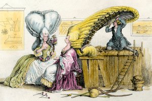Große exzentrische Frisuren: junge Frauen des Adels mit Perücke gestylt. Gravur von 1788. Privatsammlung von Anonymous Anonymous