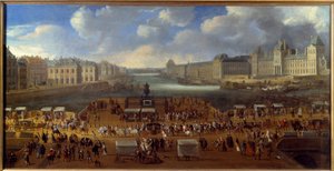 Le Pont Neuf gesehen vom Eingang zur Place Dauphine, Durchzug eines Kortsches auf der Brücke im Jahr 1669. Anonymes Gemälde. Paris, Musée Carnavalet von Anonymous Anonymous