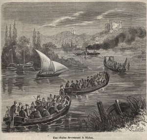 Das Zuchthaus von Toulon - eine Kette, die die Rhone hinuntergeht - Gravur in „Histoire des bagnes depuis leur création à nos jours“ (1877) von Pierre Zaccone (1817-1895) von Anonymous Anonymous
