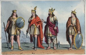 Die Merowinger - Merowinger-Dynastie - Pharamond oder Faramund - Chlodio (Clodius, Clodion, Cloio oder Chlogio) (Clodion der Langhaarige) (ca. 390 - ca. 450) - Merovech (Merowig, ca. 412-457) und Chlodwig (ca. 466-511) - Gravur aus „Usi e Costumi di Tutti 