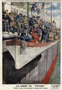 Rettungsbootübung an Bord eines Liners nach dem Untergang der RMS Titanic am 15. April 1912. Illustration aus der französischen Zeitung Le petit Journal, 2. Juni