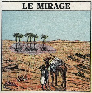 Lichtbrechung: Fata Morgana. Atmosphärische Brechung gibt die Illusion einer Oase in der Wüste. Anonyme Illustration von 1925. Private Sammlung. von Anonymous Anonymous