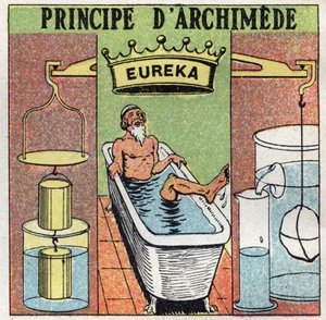 Flüssigkeitswaage: Prinzip von Archimedes (Körper ins Wasser tauchen). Während er ein Bad nahm, bemerkte Archimedes von Syrakus (287 v. Chr. - 212 v. Chr.), dass sein Bein außerhalb des Wassers schwerer wog als im Wasser und rief „Eureka!“. Anonyme Illustr von Anonymous Anonymous